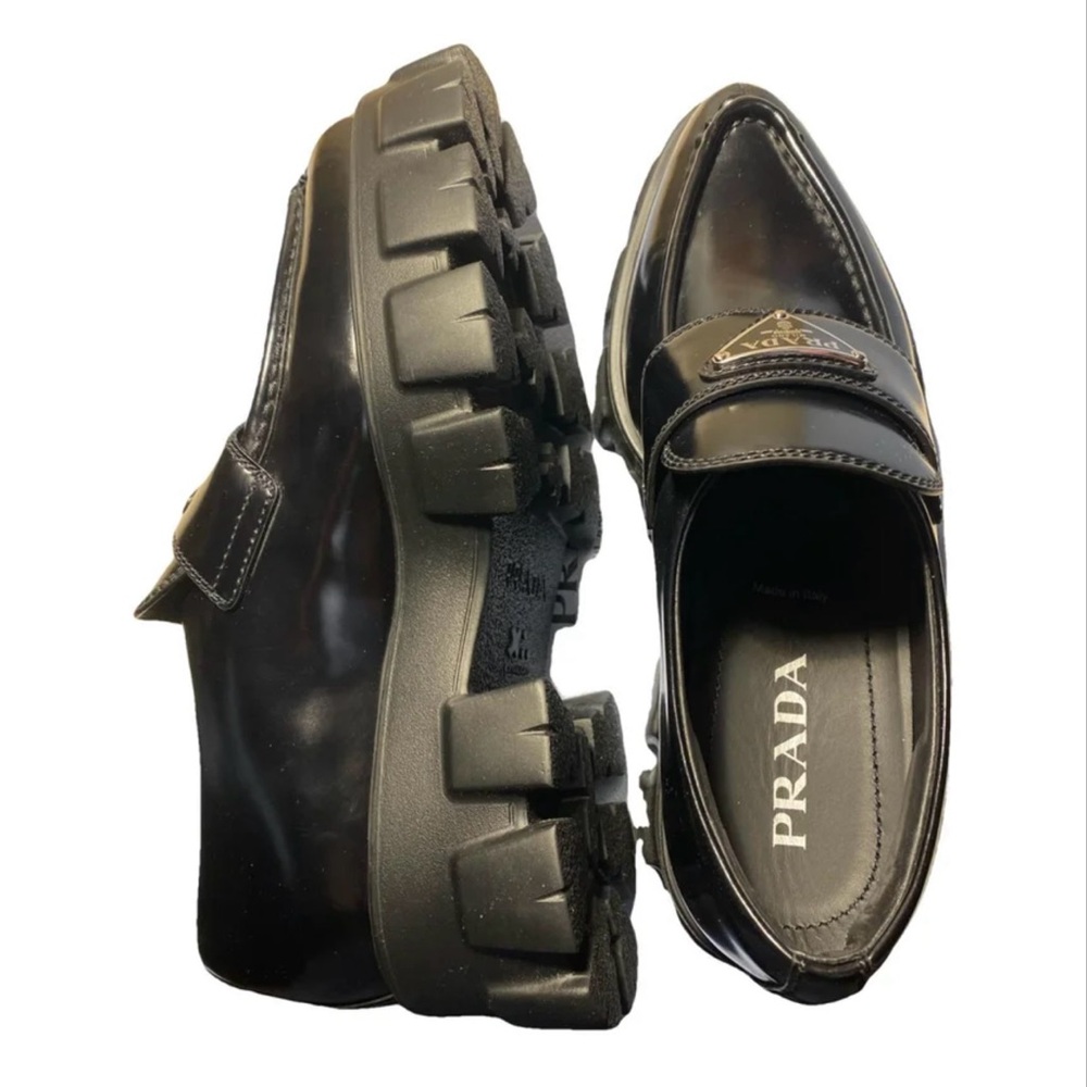 Prada Women’s Monolith Leather Black Glossy Slip-On Loafers